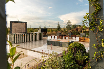 Stiled show garden showcasing outdoor porcelain tiles